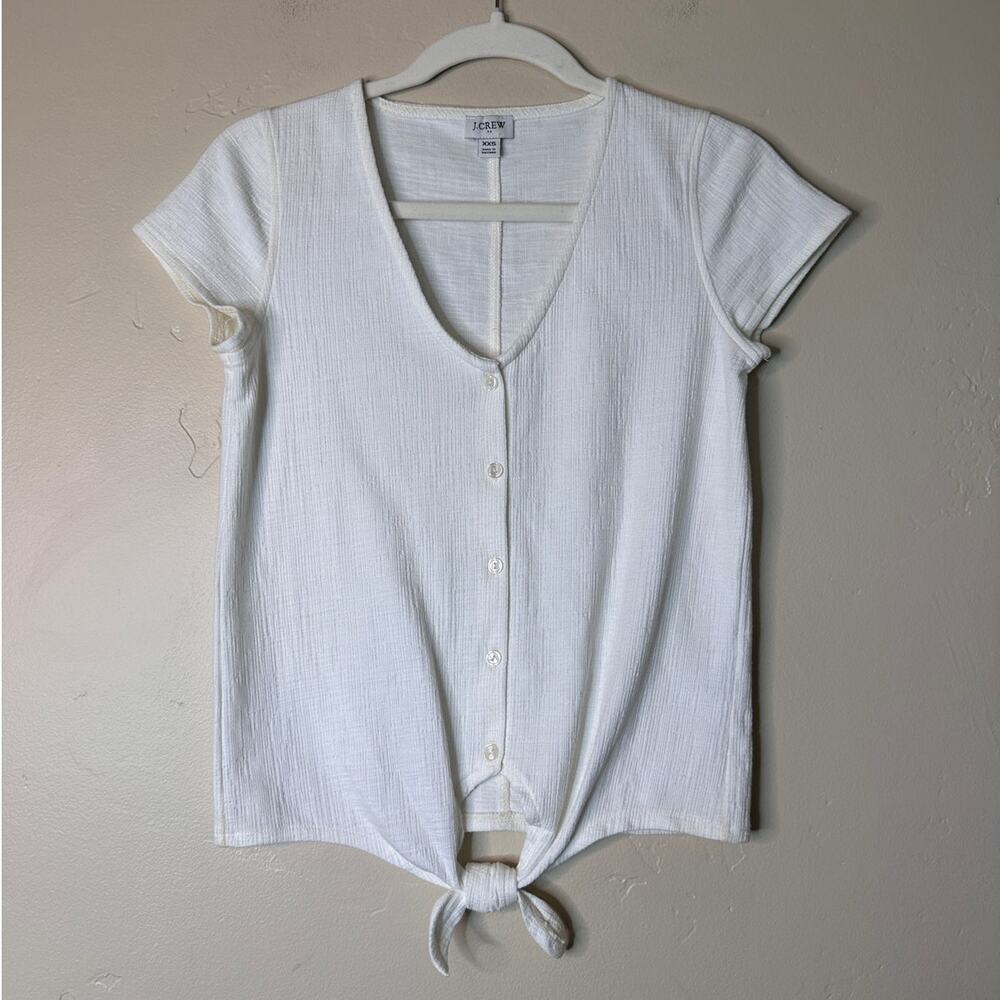 J.Crew White Textured Button Down Front V Neck Top with tie XXS